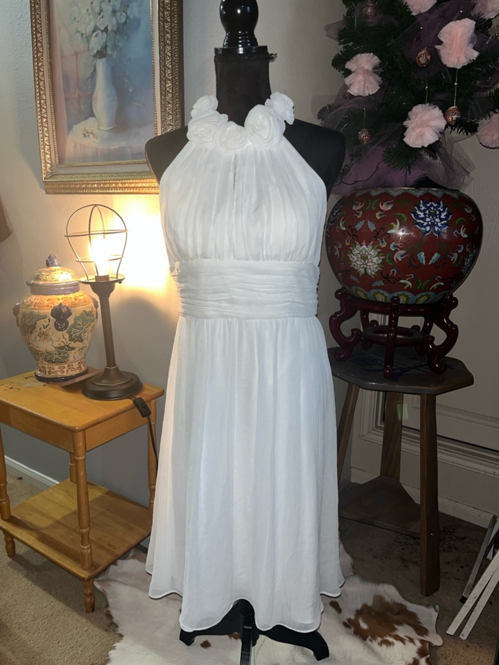 Donna Ricco White Halter Rosette Chiffon Midi Dress